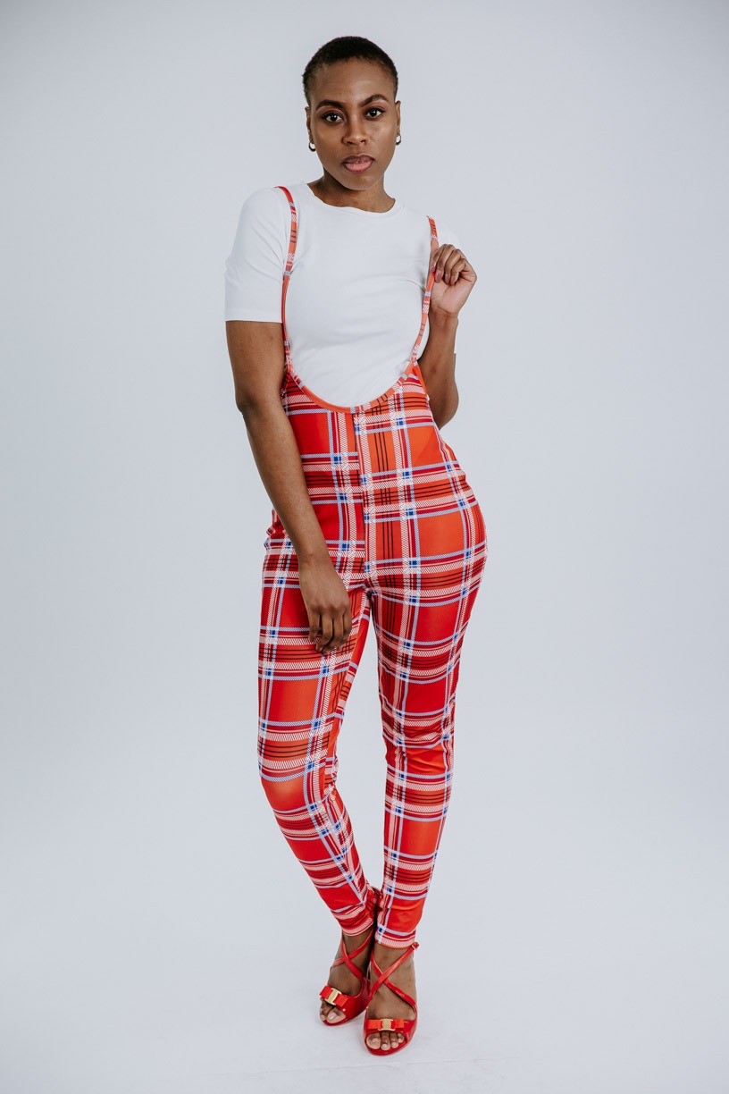 Eva Stunning Orange Plaid Suspender Pants | DasoCouture