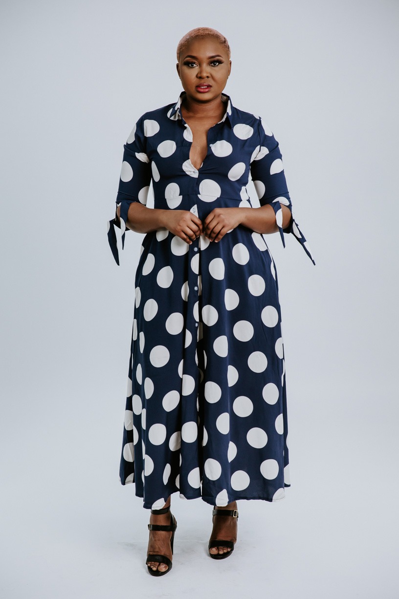 Long blue outlet polka dot dress