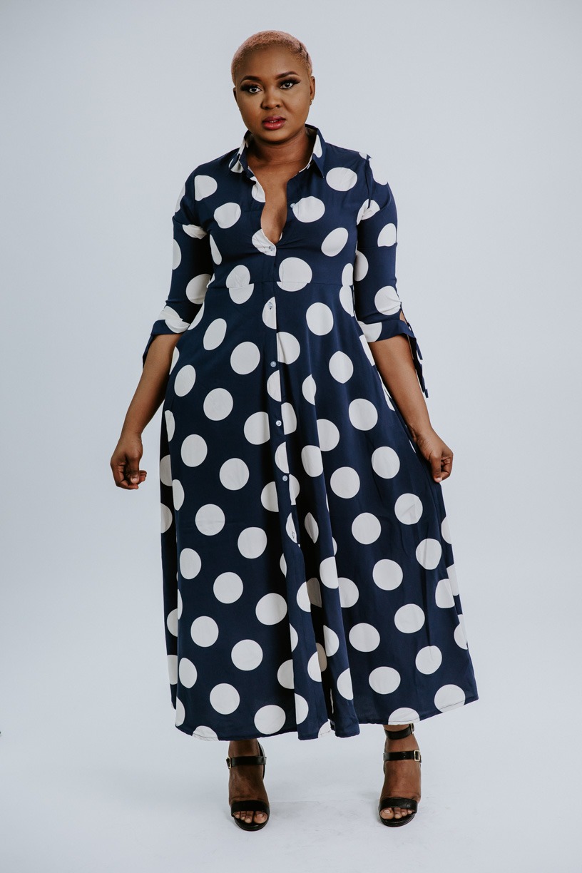 Querida Navy Blue Polka Dot Button Maxi Dress DasoCouture