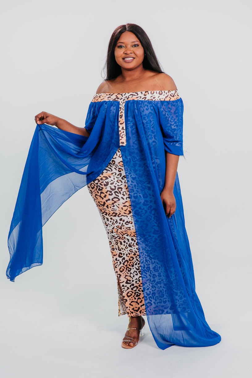 Vashti Blue Chiffon Overlay Leopard Print Maxi Dress